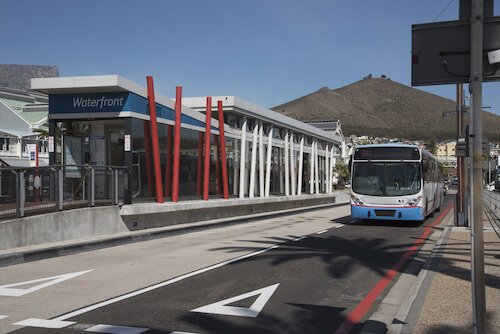 Cape Town public transport by MyCiti Bus - Waterfront busstop - image by Peter Titmuss/ssk